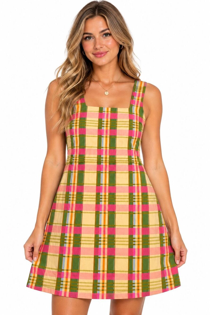 Julie Brown New York Colorful Plaid Square Neck Sleeveless Dress Size Medium